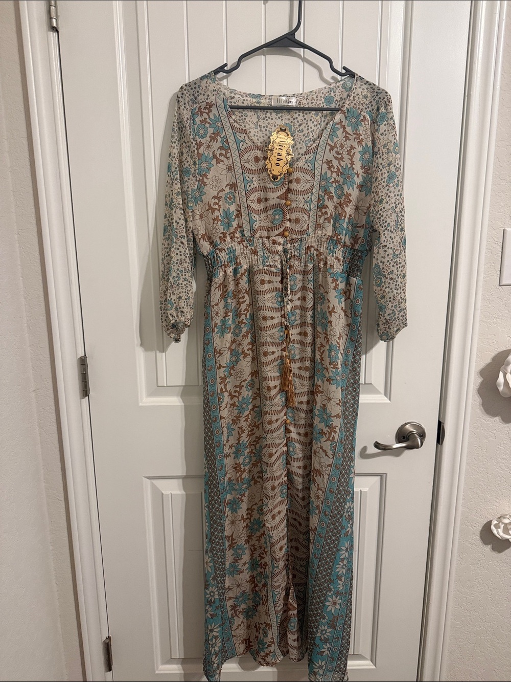 Boho Floral Maxi Dress in Teal and Beige